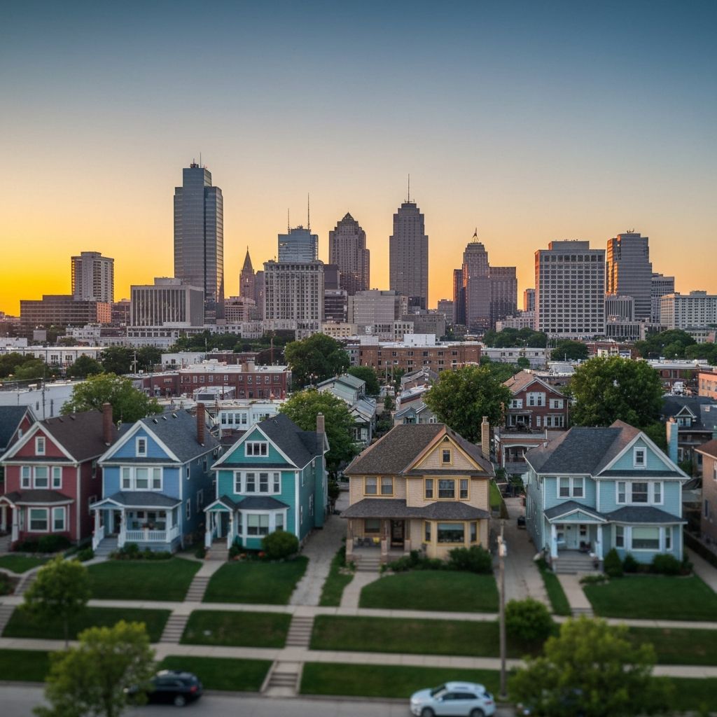 Kansas City skyline with residential homes at sunset